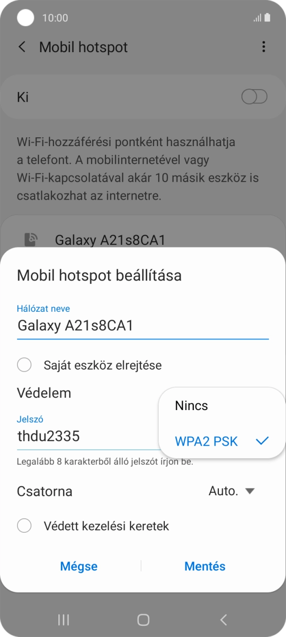 Válaszd a WPA2 PSK lehetőséget, ha jelszóval szeretnéd védeni a Wi-Fi hotspotodat. Válaszd a WPA2 PSK lehetőséget, ha jelszóval szeretnéd védeni a Wi-Fi hotspotodat.