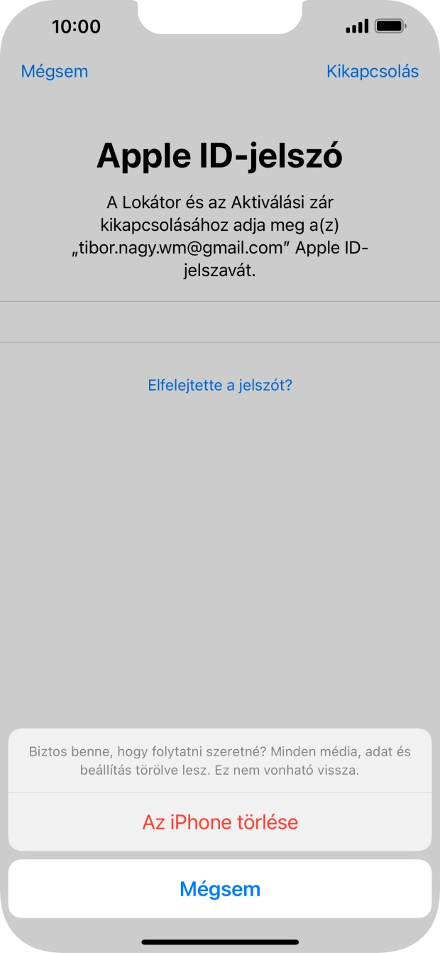 Írd be az Apple ID-hoz tartózó jelszót, és válaszd Az iPhone törlése lehetőséget. Várj egy kicsit, amíg a telefon visszaállítja a gyári beállításokat. A telefon konfigurálásához és ahhoz, hogy üzemkész állapotba hozd, kövesd a képernyőn megjelenő utasításokat. Írd be az Apple ID-hoz tartózó jelszót, és válaszd Az iPhone törlése lehetőséget. Várj egy kicsit, amíg a telefon visszaállítja a gyári beállításokat. A telefon konfigurálásához és ahhoz, hogy üzemkész állapotba hozd, kövesd a képernyőn megjelenő utasításokat.