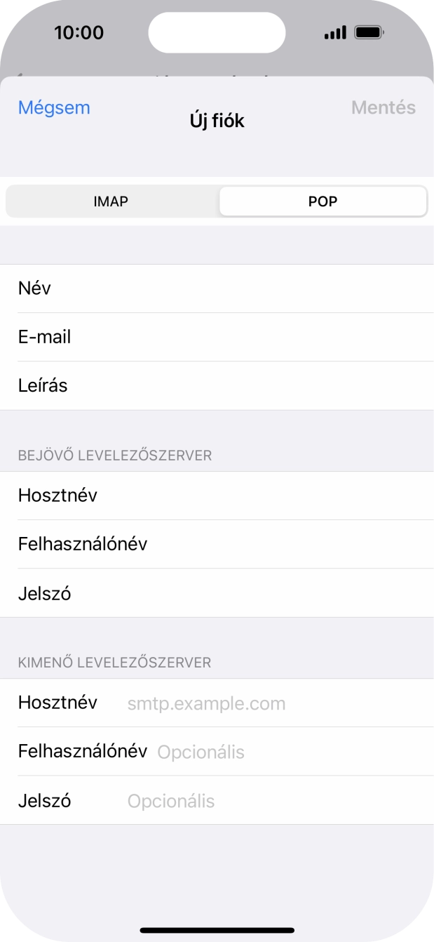 Kattints a Hosztnév mezőre, és írd be az e-mail szolgáltatód kimenő szerverének a nevét.