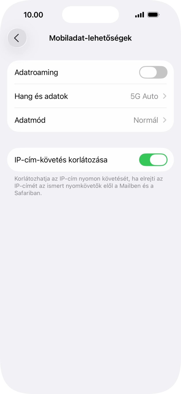 Kattints az „Adatroaming” melletti csúszkára a funkció be- vagy kikapcsolásához. Kattints az „Adatroaming” melletti csúszkára a funkció be- vagy kikapcsolásához.