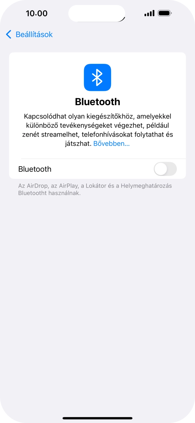 Kattints a „Bluetooth” melletti csúszkára a funkció bekapcsolásához. Kattints a „Bluetooth” melletti csúszkára a funkció bekapcsolásához.