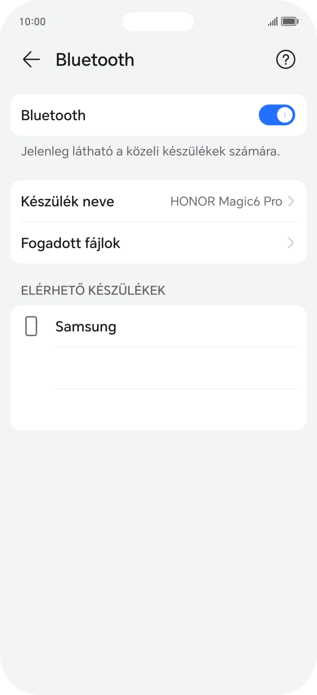 Válaszd ki a kívánt Bluetooth-eszközt, és kövesd a kijelzőn megjelenő utasításokat annak telefonodhoz történő csatlakoztatásához. Válaszd ki a kívánt Bluetooth-eszközt, és kövesd a kijelzőn megjelenő utasításokat annak telefonodhoz történő csatlakoztatásához.