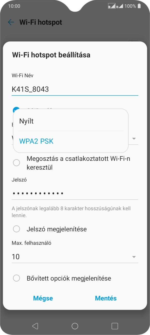 Válaszd a WPA2 PSK lehetőséget, ha jelszóval szeretnéd védeni a Wi-Fi hotspotodat. Válaszd a WPA2 PSK lehetőséget, ha jelszóval szeretnéd védeni a Wi-Fi hotspotodat.