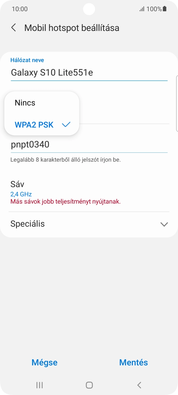 Válaszd a WPA2 PSK lehetőséget, ha jelszóval szeretnéd védeni a Wi-Fi hotspotodat. Válaszd a WPA2 PSK lehetőséget, ha jelszóval szeretnéd védeni a Wi-Fi hotspotodat.