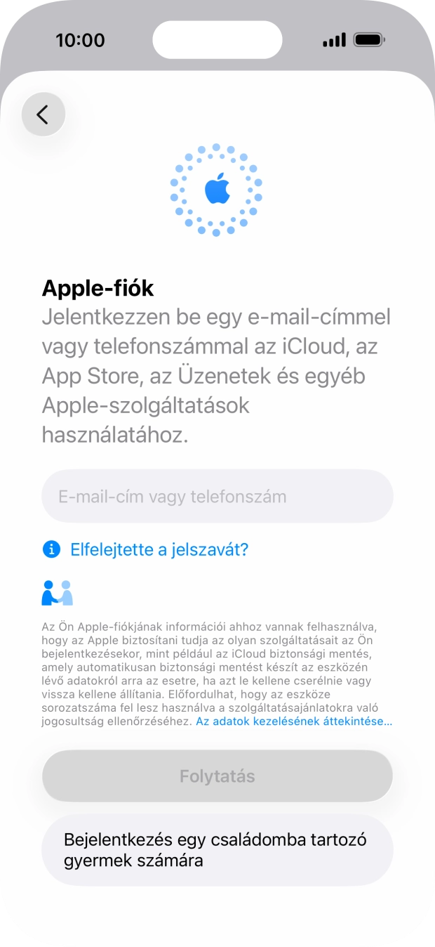 Válaszd az E-mail-cím vagy telefonszám lehetőséget, és írd be az Apple-fiókodhoz tartozó felhasználónevet.