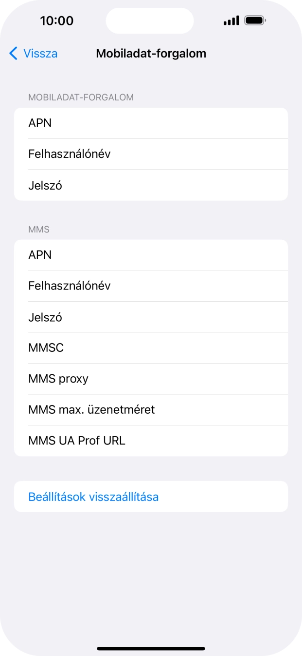Válaszd az APN lehetőséget. Amennyiben előfizetésed van, írd be azt, hogy mms.