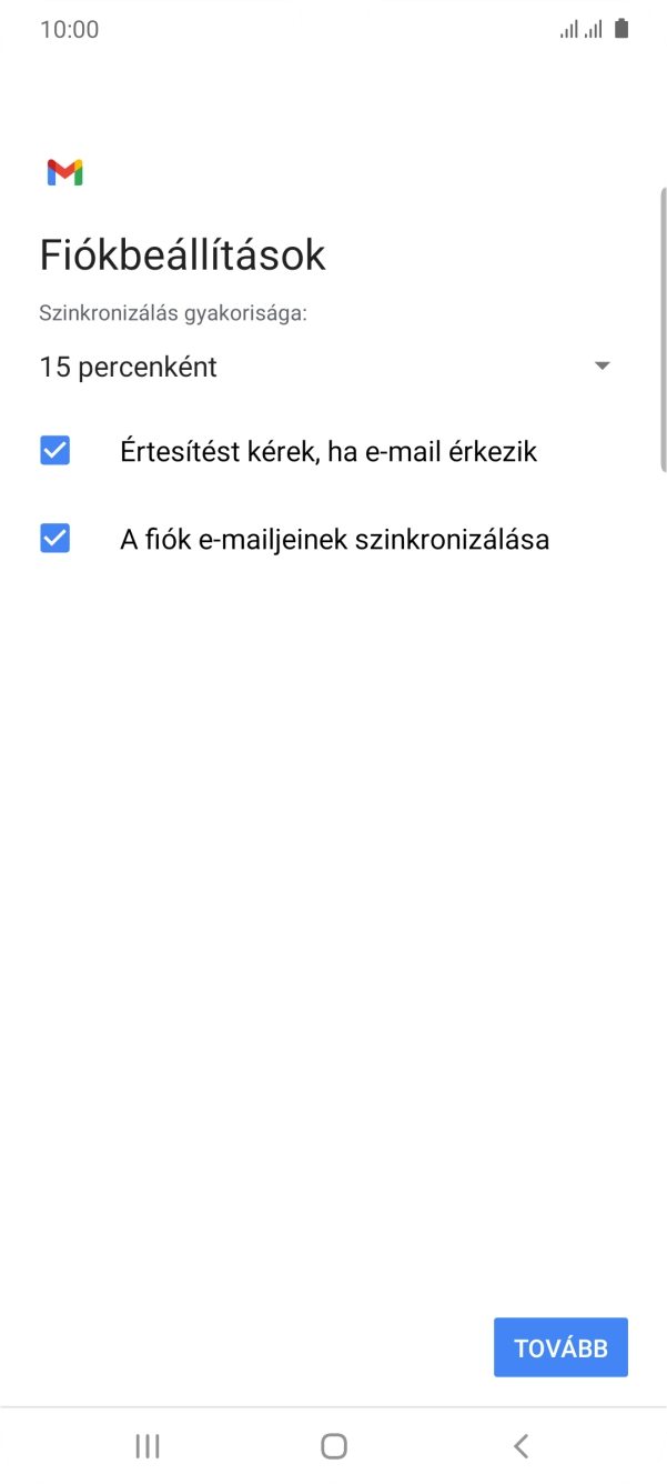 Amennyiben a kijelzőn ez a képernyőkép látható, az e-mail-fiókodat felismerte a rendszer, és automatikusan beállította. Kövesd a képernyőn megjelenő utasításokat  további adatok csatolásához, és fejezd be az új fiók létrehozását.
