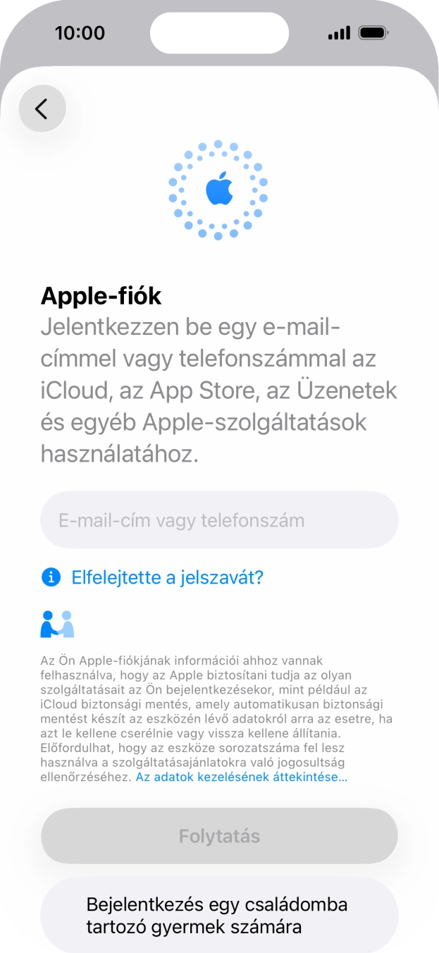 Válaszd az E-mail-cím vagy telefonszám lehetőséget, és írd be az Apple-fiókodhoz tartozó felhasználónevet. Válaszd az E-mail-cím vagy telefonszám lehetőséget, és írd be az Apple-fiókodhoz tartozó felhasználónevet.