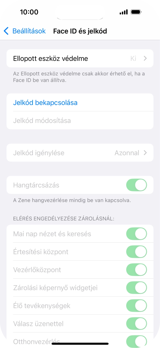 Válaszd a Jelkód bekapcsolása lehetőséget, és írj be kétszer egymás után egy tetszőleges képernyőzárkódot.