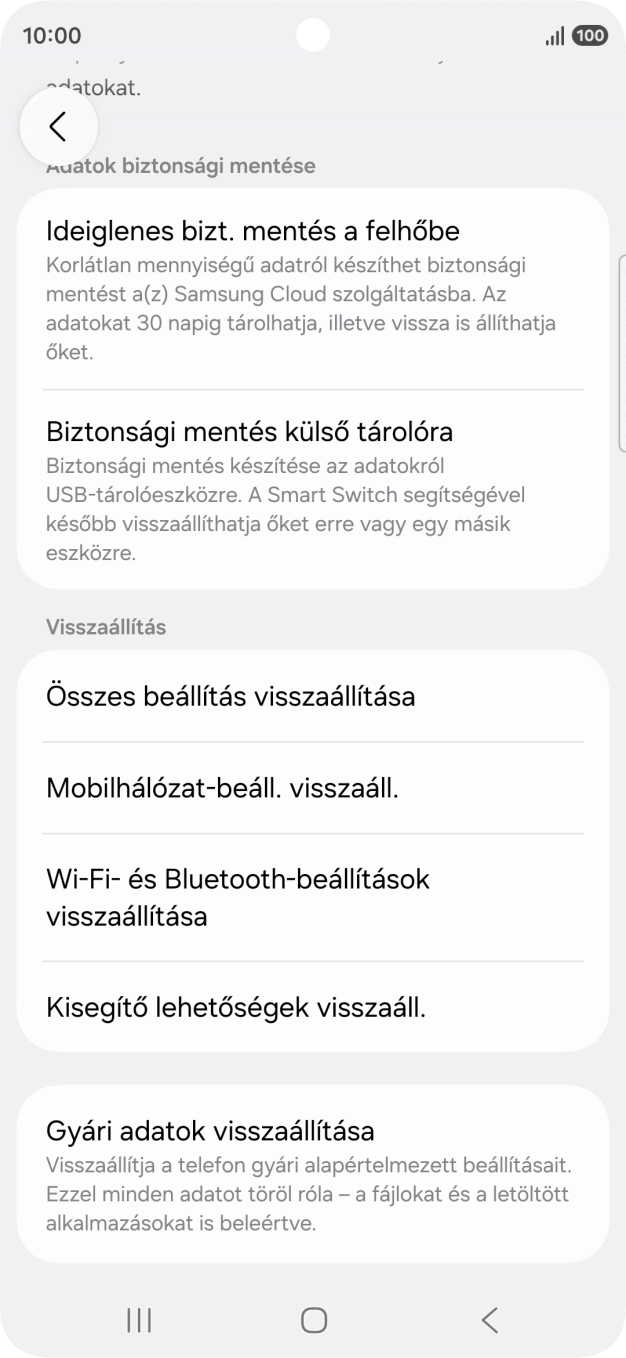 Válaszd a Gyári adatok visszaállítása lehetőséget. Válaszd a Gyári adatok visszaállítása lehetőséget.