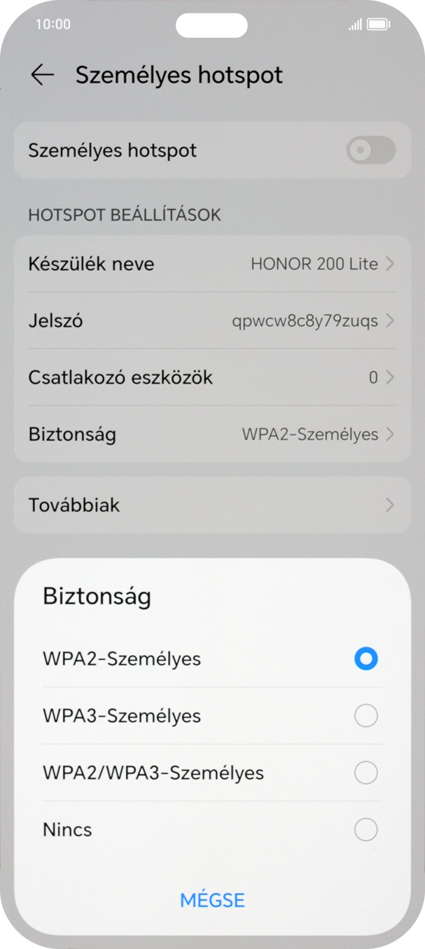 Válaszd a WPA3-Személyes lehetőséget, ha jelszóval szeretnéd védeni a Wi-Fi-hotspotodat. Válaszd a WPA3-Személyes lehetőséget, ha jelszóval szeretnéd védeni a Wi-Fi-hotspotodat.