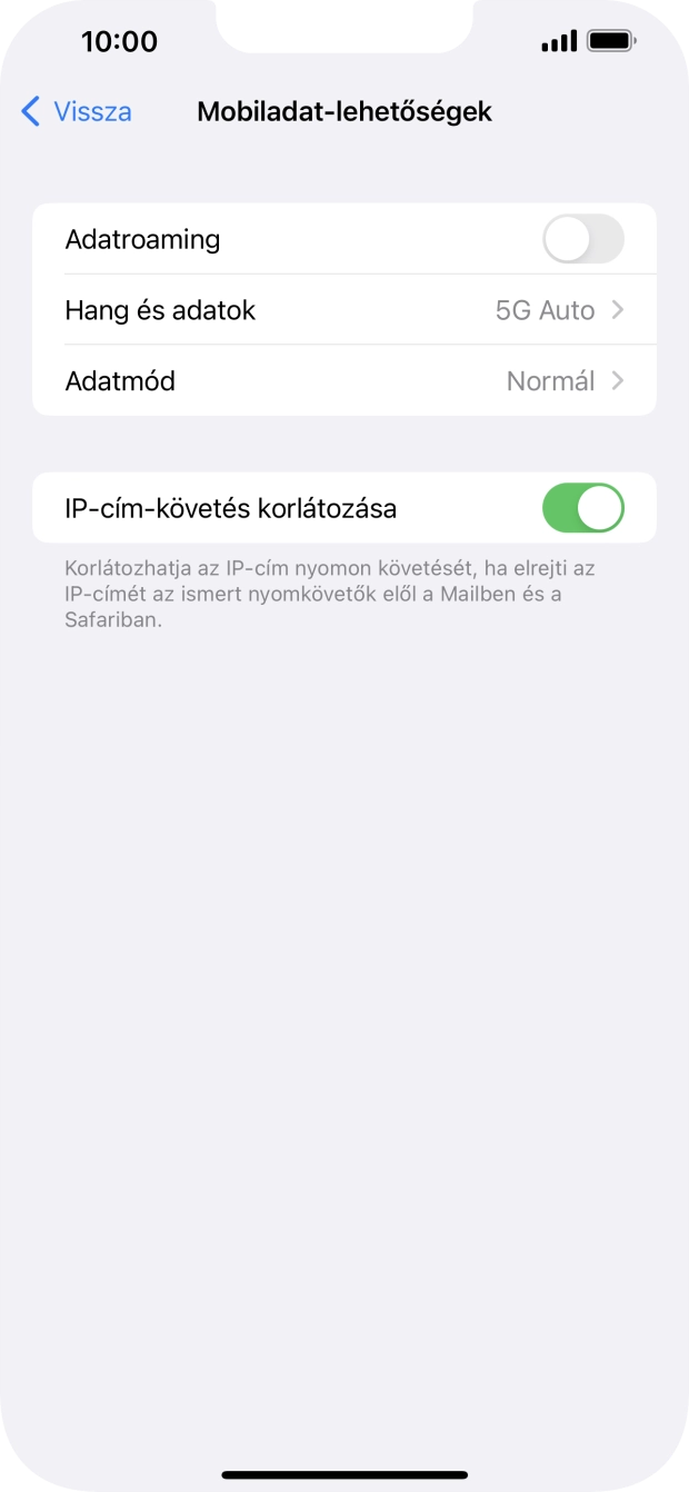 Kattints az „Adatroaming” melletti csúszkára a funkció be- vagy kikapcsolásához. Kattints az „Adatroaming” melletti csúszkára a funkció be- vagy kikapcsolásához.