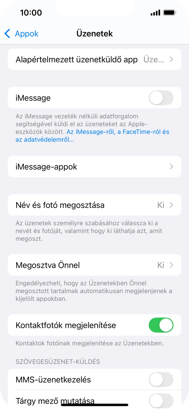 Kattints az „iMessage” melletti csúszkára a funkció bekapcsolásához. Kattints az „iMessage” melletti csúszkára a funkció bekapcsolásához.