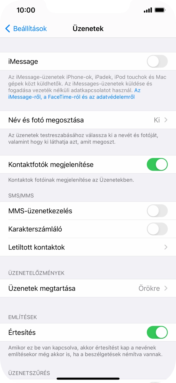 Kattints az „iMessage” melletti csúszkára a funkció bekapcsolásához.
