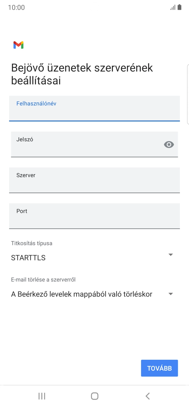 Kattints a „Szerver” alatti mezőre, és írd be az e-mail szolgáltatód bejövő szerverének a nevét.
