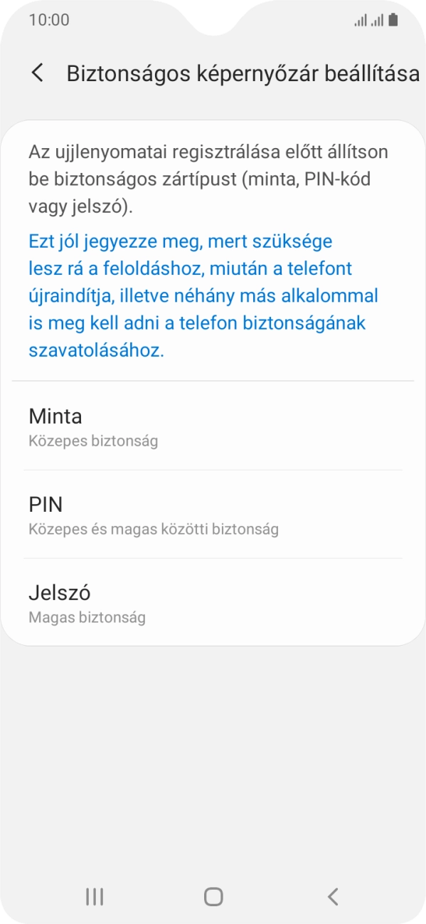 Válaszd ki a kívánt képernyőzárkódot, és kövesd a kijelzőn megjelenő utasításokat egy extra képernyőzár létrehozásához. Válaszd ki a kívánt képernyőzárkódot, és kövesd a kijelzőn megjelenő utasításokat egy extra képernyőzár létrehozásához.
