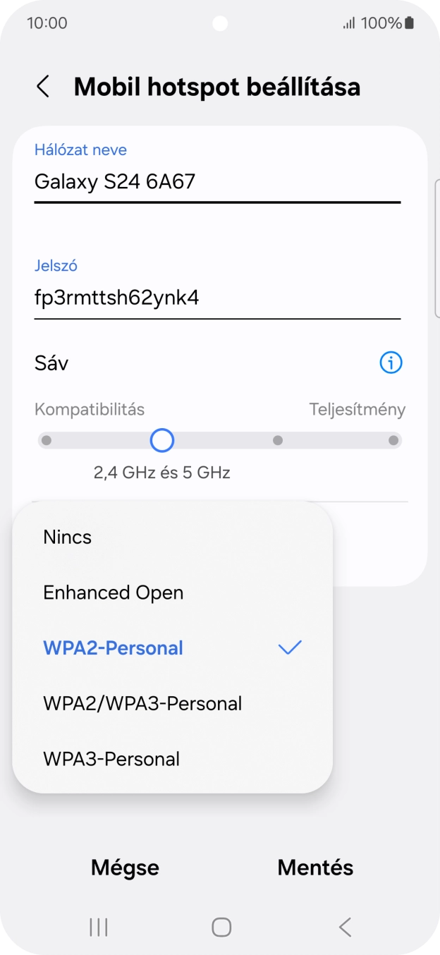 Válaszd a WPA3-Personal lehetőséget, ha jelszóval szeretnéd védeni a Wi-Fi hotspotodat. Válaszd a WPA3-Personal lehetőséget, ha jelszóval szeretnéd védeni a Wi-Fi hotspotodat.