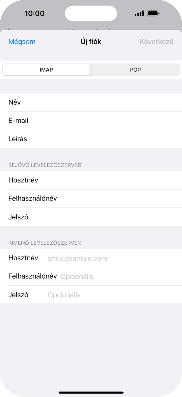 Kattints a Hosztnév mezőre, és írd be az e-mail szolgáltatód kimenő szerverének a nevét.