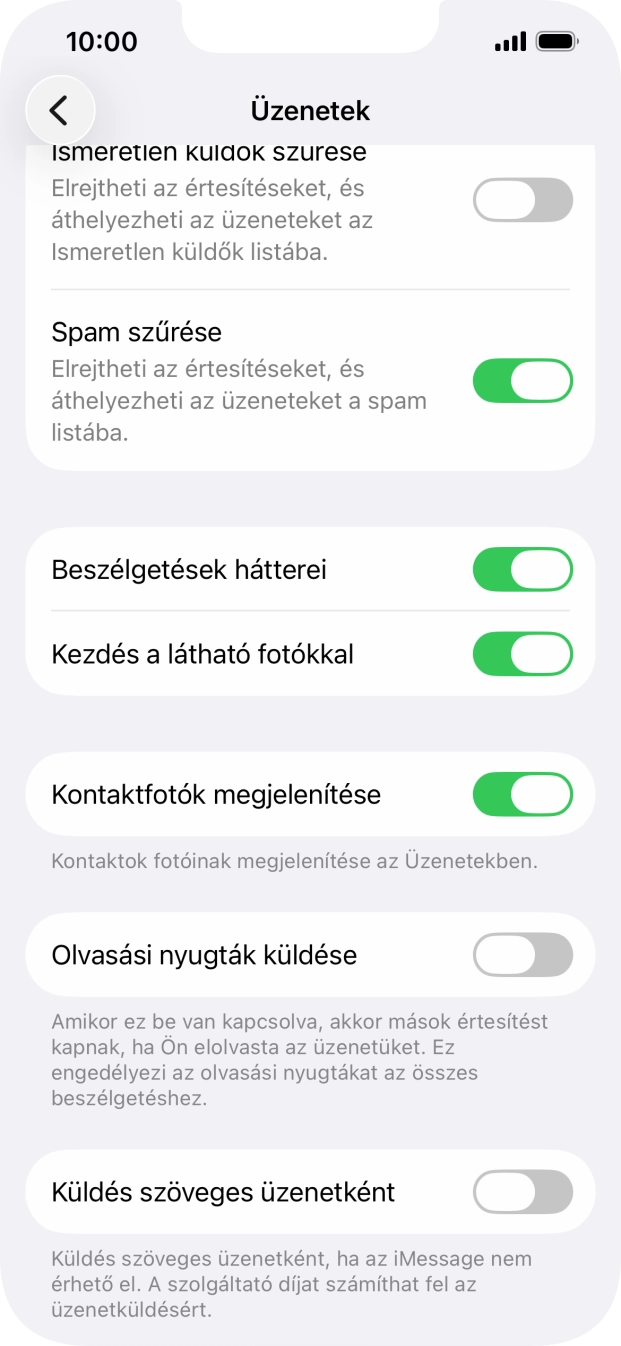 Kattints a „Küldés szöveges üzenetként” melletti csúszkára a funkció be- vagy kikapcsolásához. Kattints a „Küldés szöveges üzenetként” melletti csúszkára a funkció be- vagy kikapcsolásához.