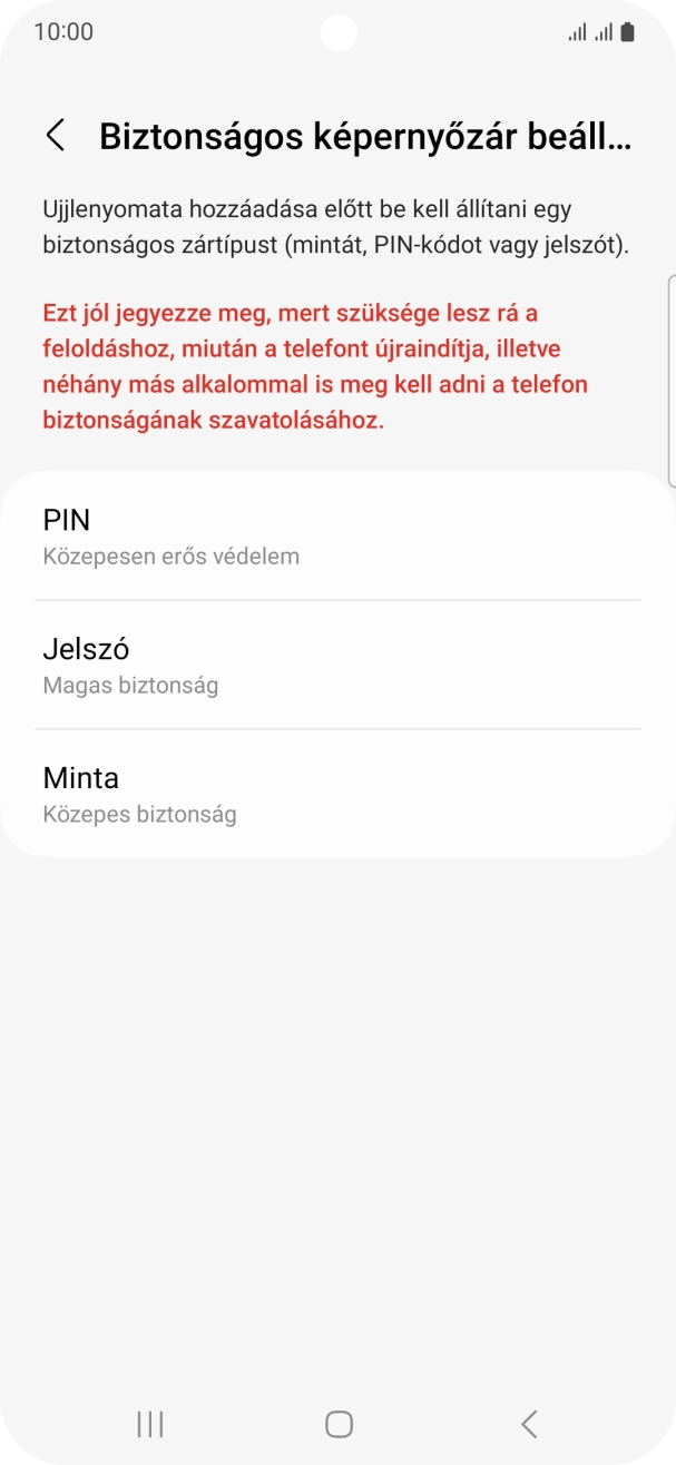 Válaszd ki a kívánt képernyőzárkódot, és kövesd a kijelzőn megjelenő utasításokat egy extra képernyőzár létrehozásához. Válaszd ki a kívánt képernyőzárkódot, és kövesd a kijelzőn megjelenő utasításokat egy extra képernyőzár létrehozásához.