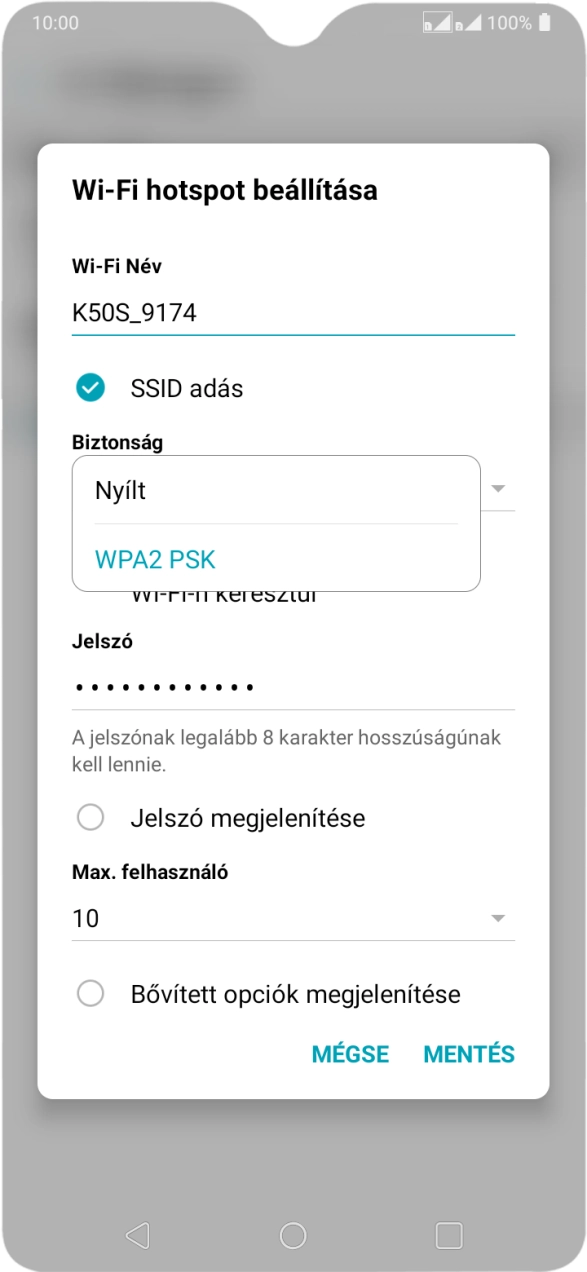 Válaszd a WPA2 PSK lehetőséget, ha jelszóval szeretnéd védeni a Wi-Fi hotspotodat. Válaszd a WPA2 PSK lehetőséget, ha jelszóval szeretnéd védeni a Wi-Fi hotspotodat.