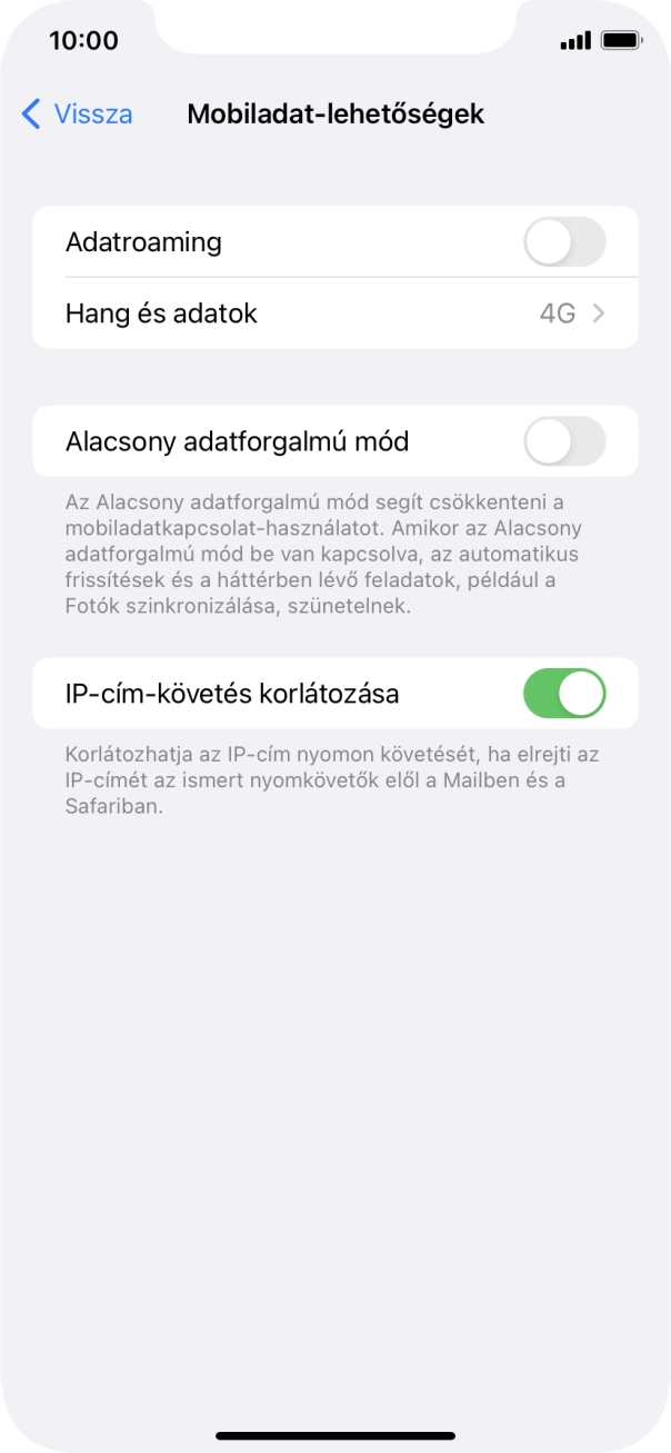 Kattints az „Adatroaming” melletti csúszkára a funkció be- vagy kikapcsolásához. Kattints az „Adatroaming” melletti csúszkára a funkció be- vagy kikapcsolásához.