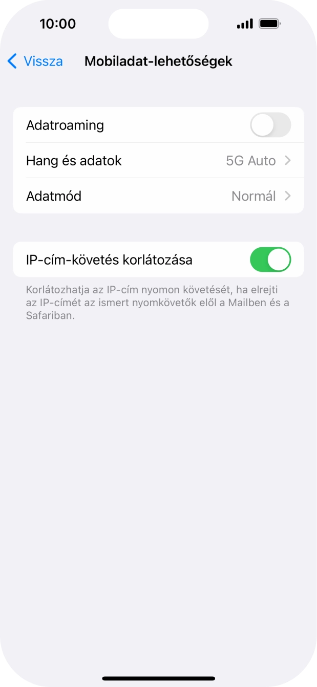 Kattints az „Adatroaming” melletti csúszkára a funkció be- vagy kikapcsolásához. Kattints az „Adatroaming” melletti csúszkára a funkció be- vagy kikapcsolásához.