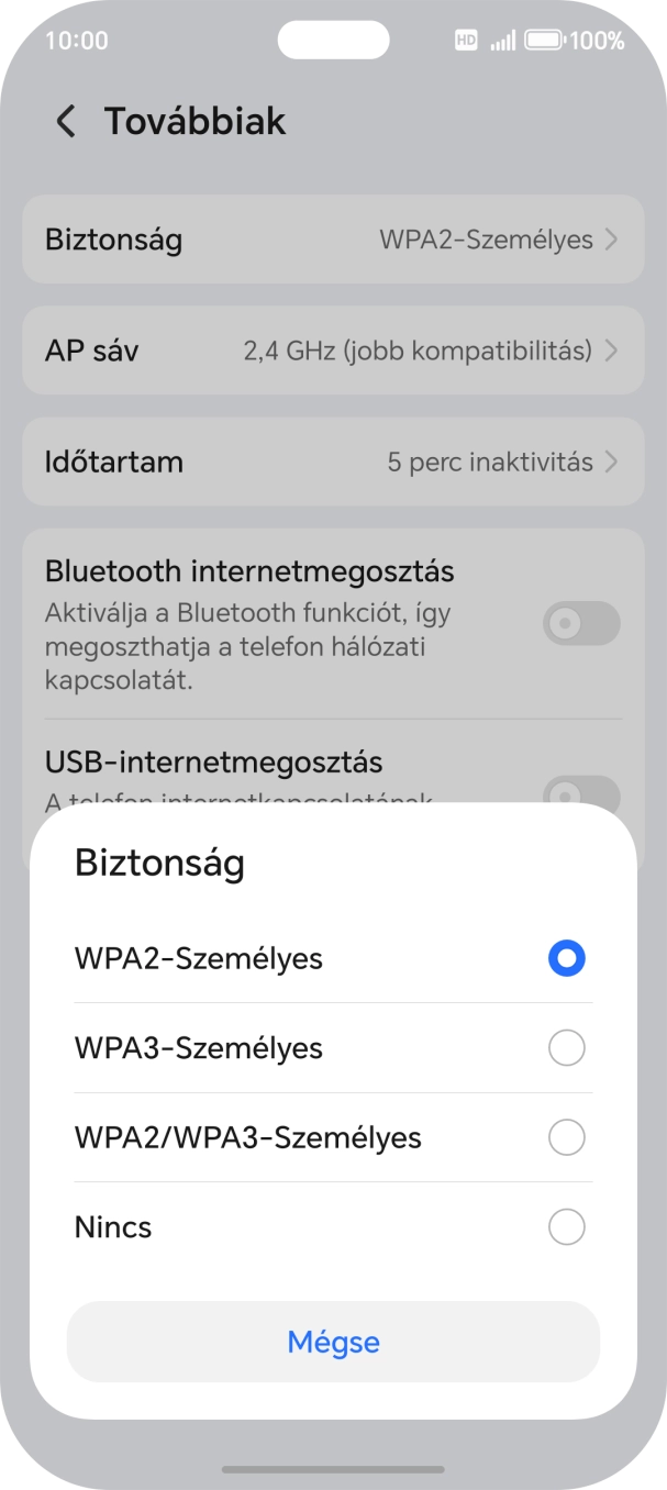 Válaszd a WPA3-Személyes lehetőséget, ha jelszóval szeretnéd védeni a Wi-Fi-hotspotodat.