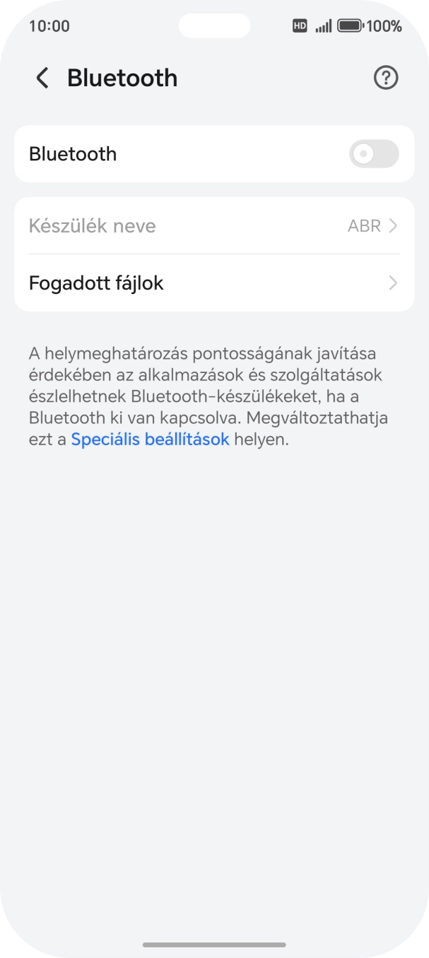 Kattints a „Bluetooth” melletti csúszkára a funkció bekapcsolásához. Kattints a „Bluetooth” melletti csúszkára a funkció bekapcsolásához.