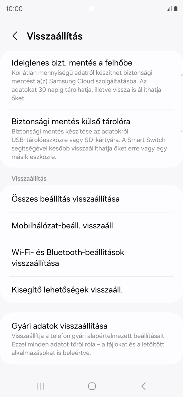 Válaszd a Gyári adatok visszaállítása lehetőséget. Válaszd a Gyári adatok visszaállítása lehetőséget.
