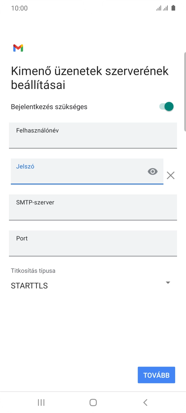 Kattints az „SMTP-szerver” alatti mezőre, és írd be az e-mail szolgáltatód kimenő szerverének a nevét.