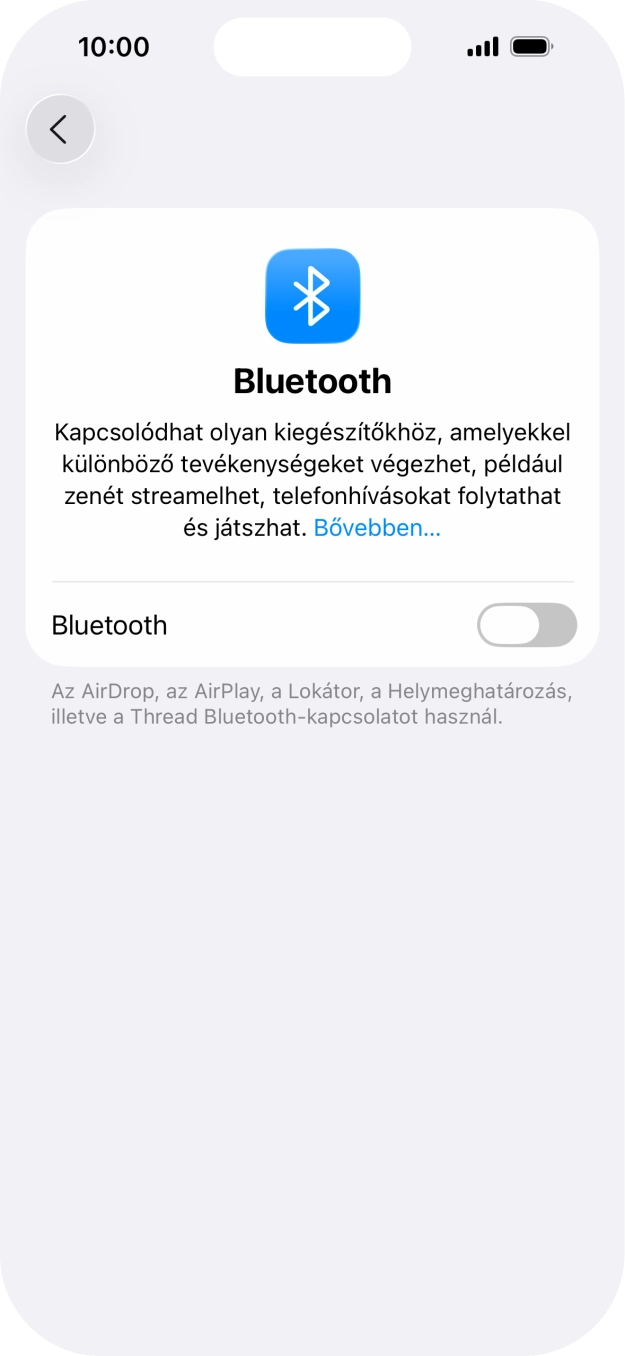 Kattints a „Bluetooth” melletti csúszkára a funkció bekapcsolásához. Kattints a „Bluetooth” melletti csúszkára a funkció bekapcsolásához.