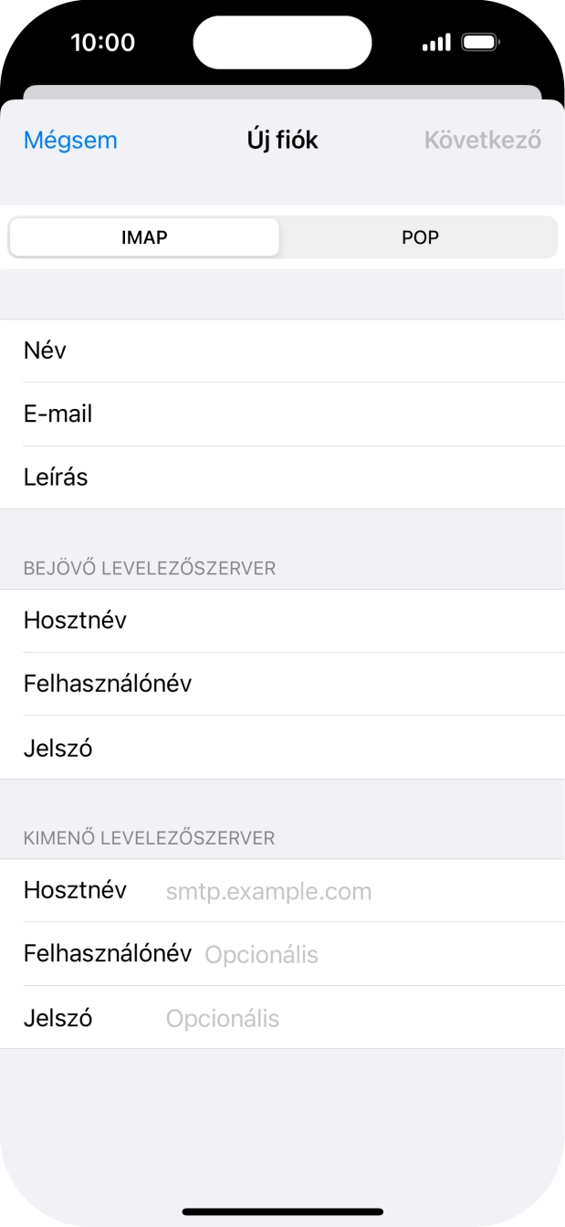 Kattints a Hosztnév mezőre, és írd be az e-mail szolgáltatód kimenő szerverének a nevét.