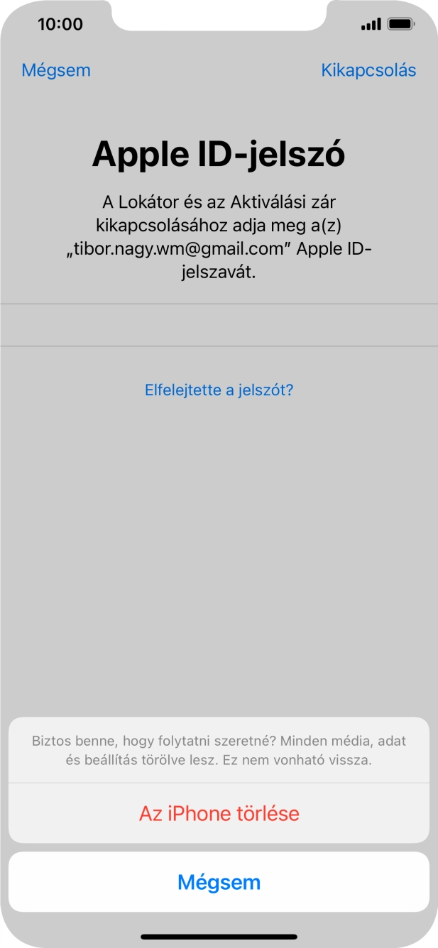 Írd be az Apple ID-hoz tartózó jelszót, és válaszd Az iPhone törlése lehetőséget. Várj egy kicsit, amíg a telefon visszaállítja a gyári beállításokat. A telefon konfigurálásához és ahhoz, hogy üzemkész állapotba hozd, kövesd a képernyőn megjelenő utasításokat. Írd be az Apple ID-hoz tartózó jelszót, és válaszd Az iPhone törlése lehetőséget. Várj egy kicsit, amíg a telefon visszaállítja a gyári beállításokat. A telefon konfigurálásához és ahhoz, hogy üzemkész állapotba hozd, kövesd a képernyőn megjelenő utasításokat.
