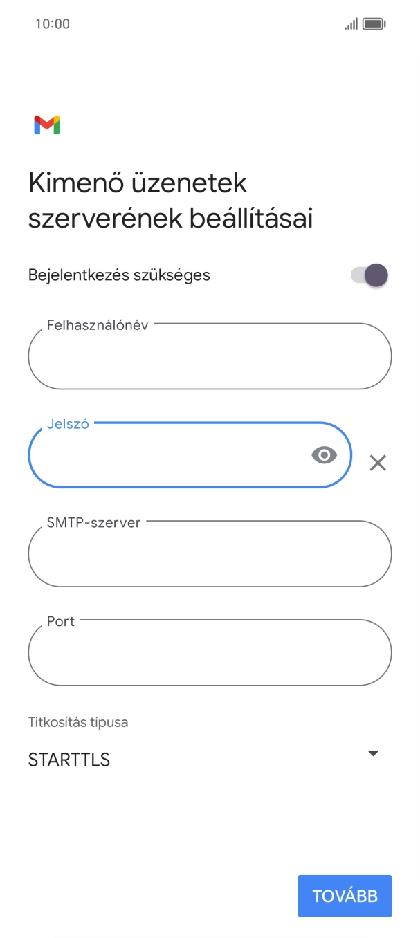 Kattints az „SMTP-szerver” alatti mezőre, és írd be az e-mail szolgáltatód kimenő szerverének a nevét.