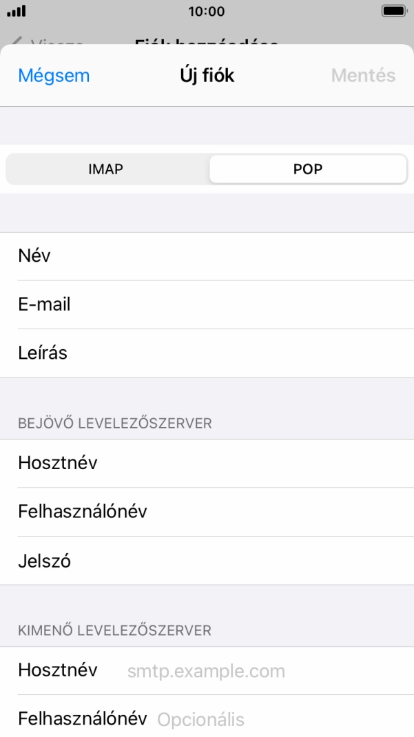 Kattints a Hosztnév mezőre, és írd be az e-mail szolgáltatód kimenő szerverének a nevét.