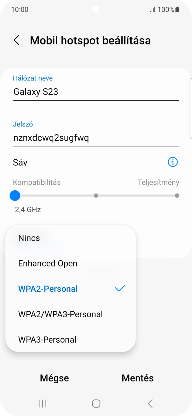 Válaszd a WPA3-Personal lehetőséget, ha jelszóval szeretnéd védeni a Wi-Fi hotspotodat. Válaszd a WPA3-Personal lehetőséget, ha jelszóval szeretnéd védeni a Wi-Fi hotspotodat.