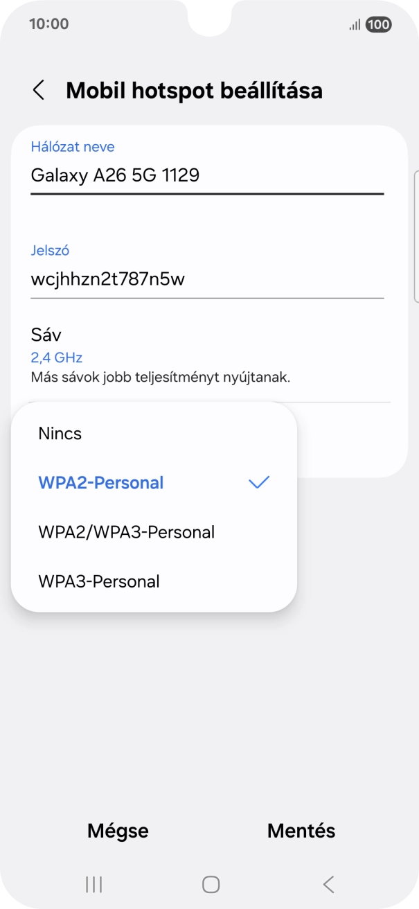 Válaszd a WPA3-Personal lehetőséget, ha jelszóval szeretnéd védeni a Wi-Fi hotspotodat. Válaszd a WPA3-Personal lehetőséget, ha jelszóval szeretnéd védeni a Wi-Fi hotspotodat.