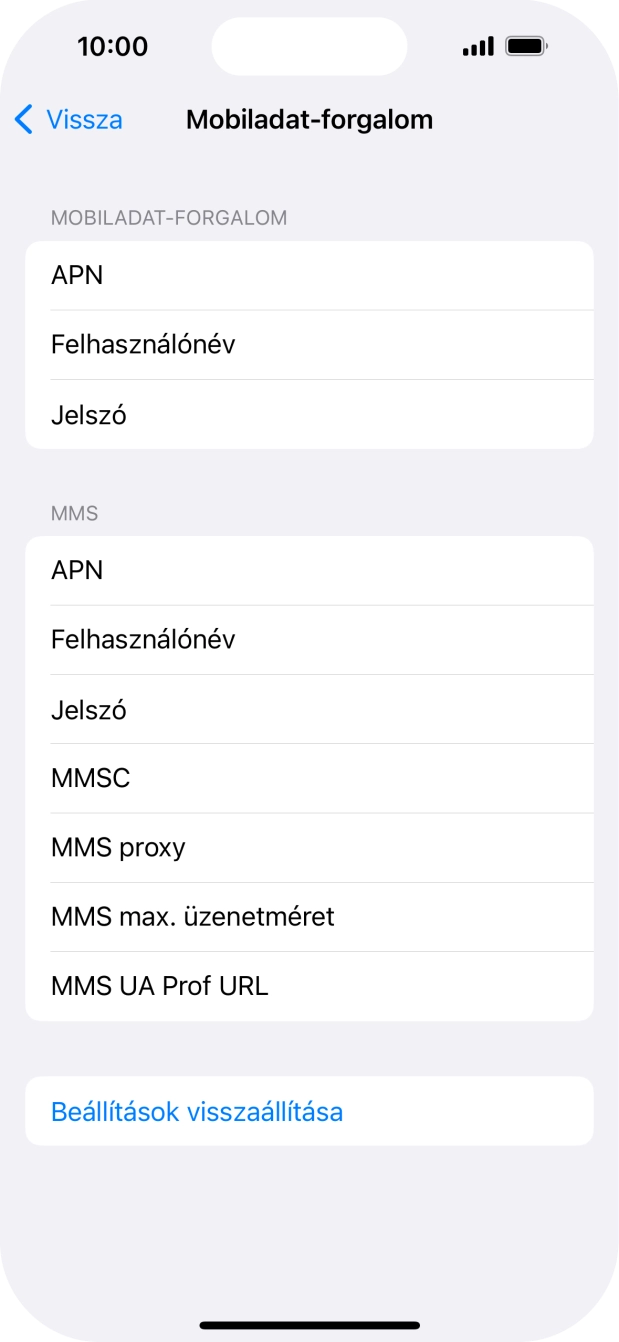 Válaszd az APN lehetőséget. Amennyiben előfizetésed van, írd be azt, hogy mms.