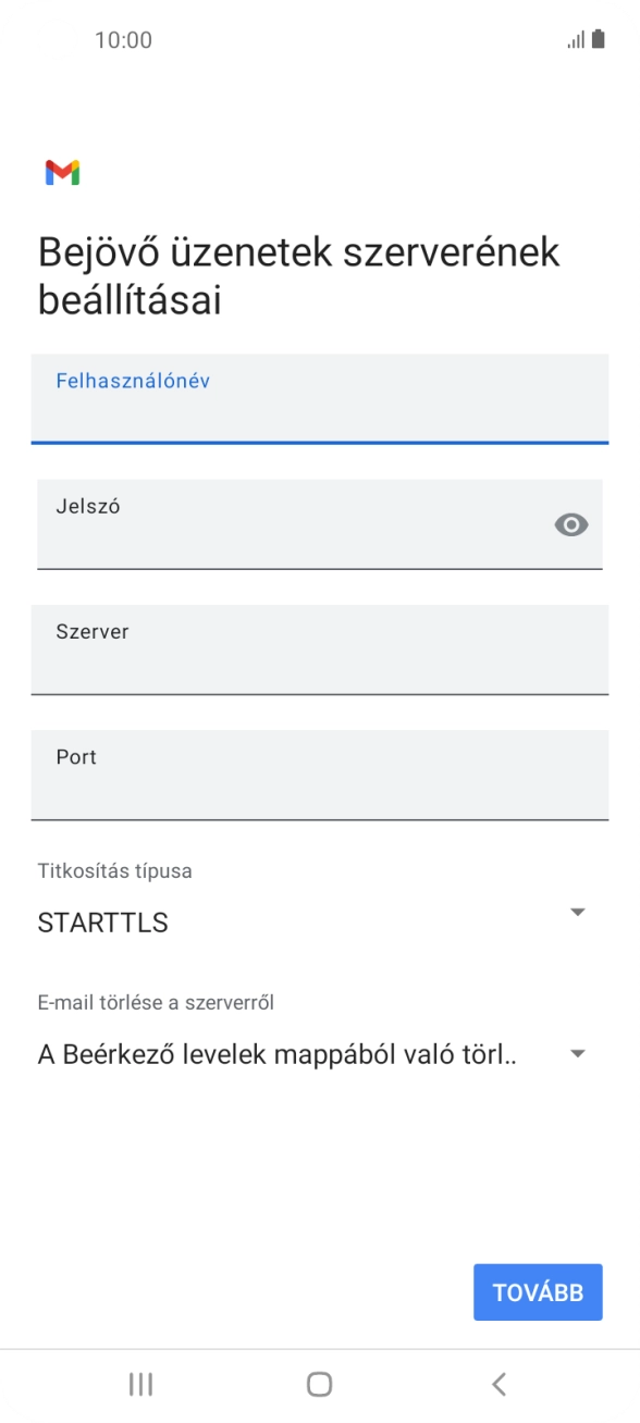 Kattints a „Szerver” alatti mezőre, és írd be az e-mail szolgáltatód bejövő szerverének a nevét.