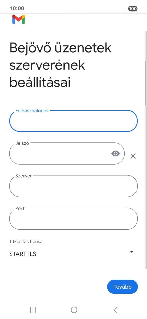 Kattints a „Szerver” alatti mezőre, és írd be az e-mail szolgáltatód bejövő szerverének a nevét.