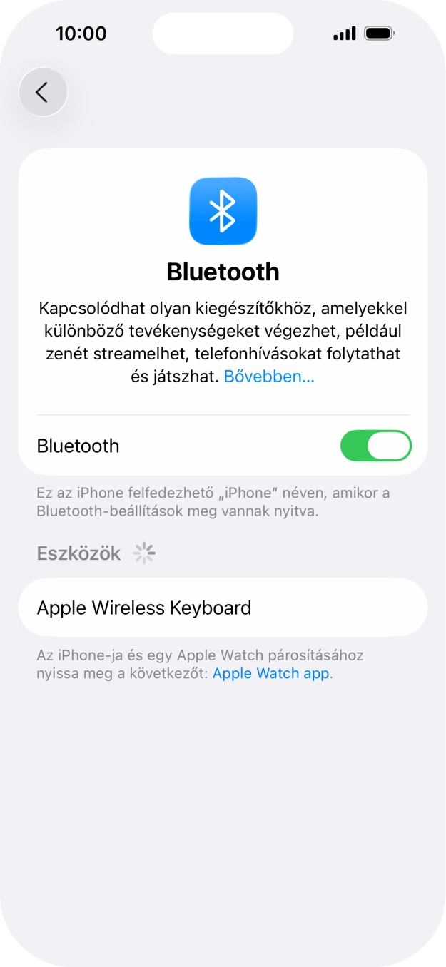 Válaszd ki a kívánt Bluetooth-eszközt, és kövesd a kijelzőn megjelenő utasításokat annak telefonodhoz történő csatlakoztatásához. Válaszd ki a kívánt Bluetooth-eszközt, és kövesd a kijelzőn megjelenő utasításokat annak telefonodhoz történő csatlakoztatásához.