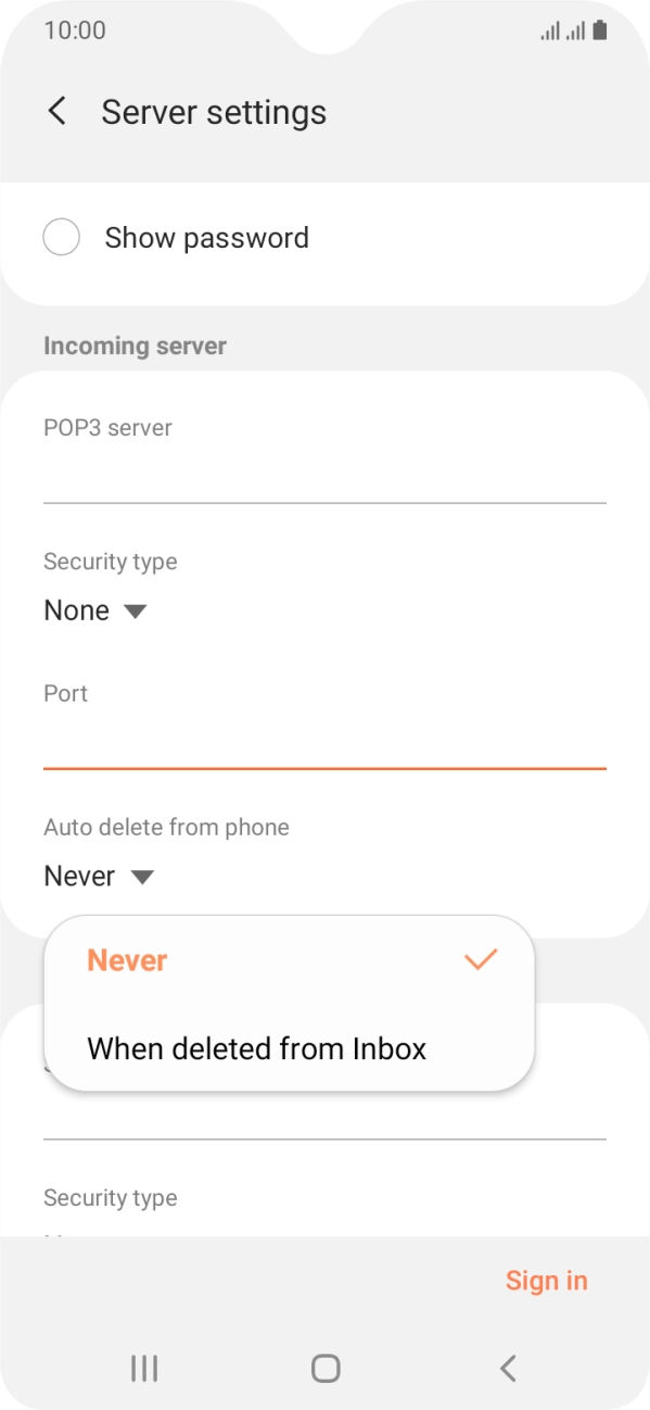 Press Never to keep emails on the server when you delete them on your phone. Press Never to keep emails on the server when you delete them on your phone.