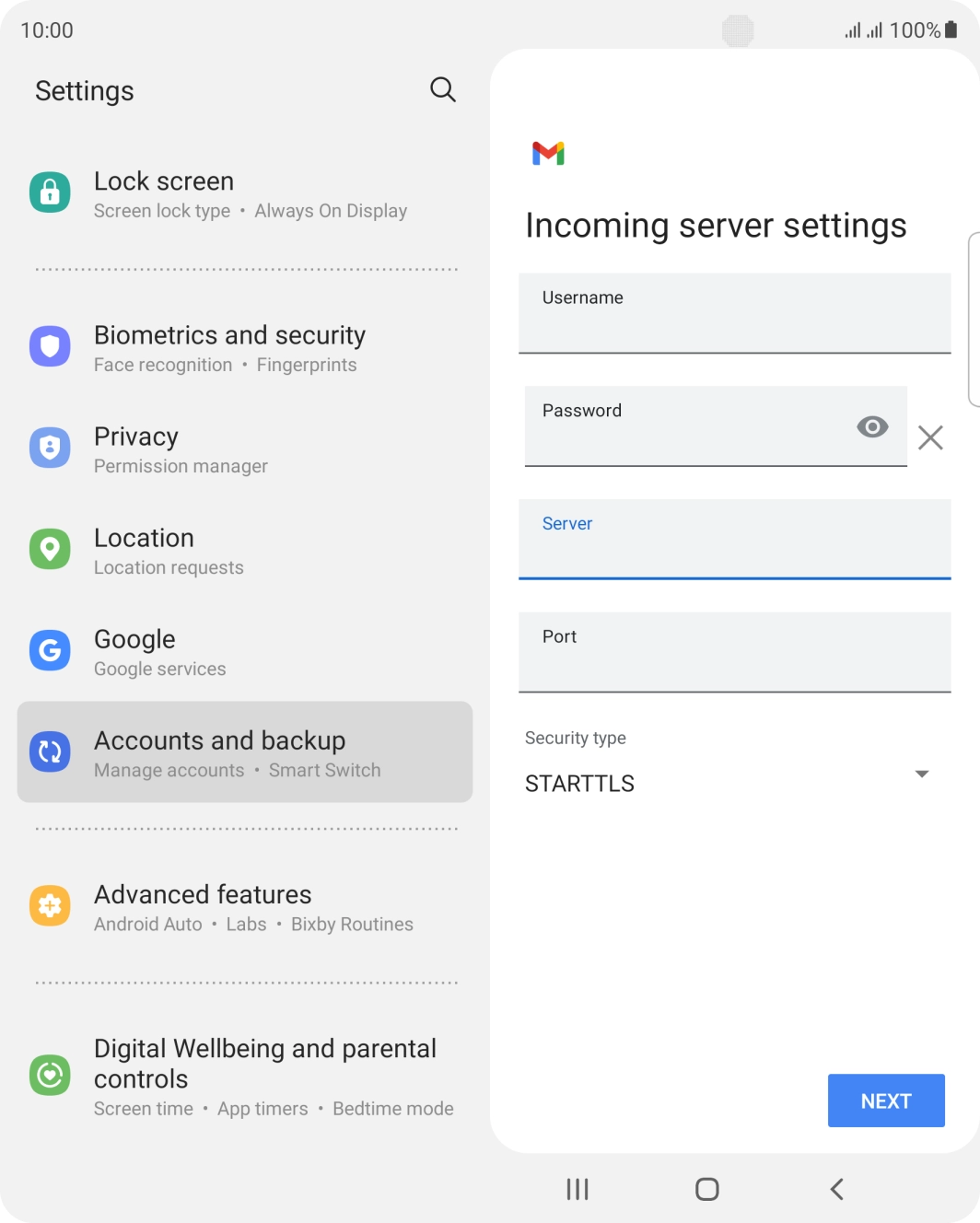 Press the field below 'Port' and key in 143. Press the field below 'Port' and key in 143.