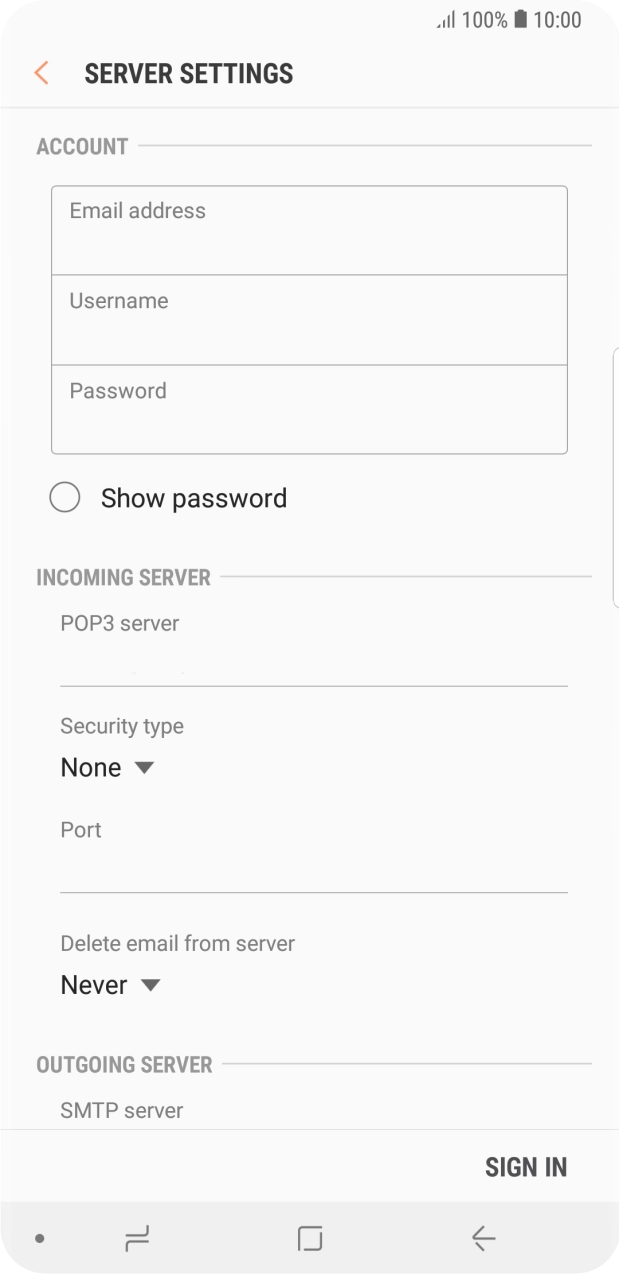 Press the field below 'Username' and key in the username for your email account. Press the field below 'Username' and key in the username for your email account.
