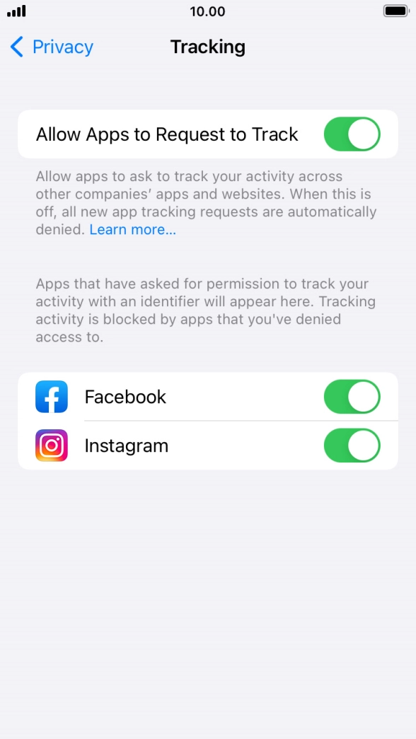 Press the indicator next to 'Allow Apps to Request to Track' to turn the function on or off.