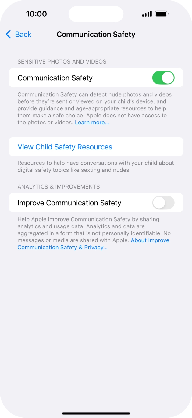 Press the indicator next to 'Communication Safety' to turn the function on or off.