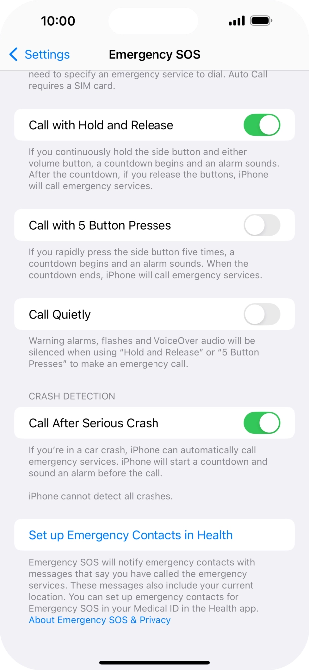 Press Set up Emergency Contacts in Health and follow the instructions on the screen to key in your emergency info and emergency contacts.