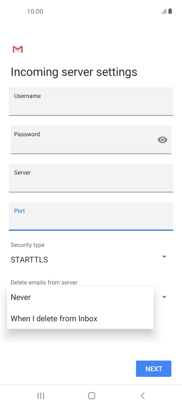 Press Never to keep emails on the server when you delete them on your phone.