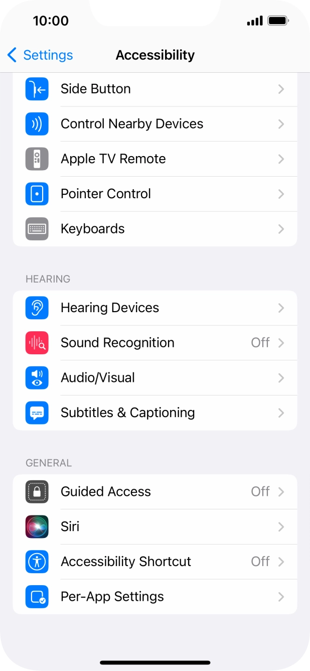 Press the required category below 'HEARING' and follow the instructions on the screen to select the required settings.